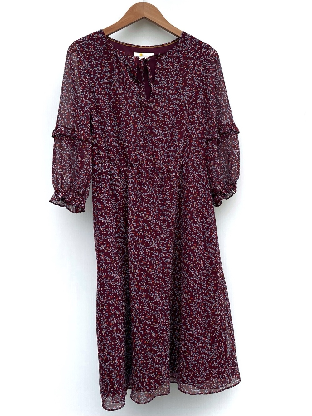 Boden Burgundy Floral Tie-Neck Long Sleeve Midi Dress